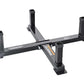 Black and gray metal workbench accessory storage rack with four vertical posts and horizontal beam on white background