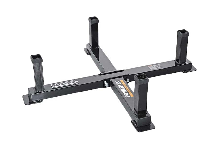 Black and gray metal workbench accessory storage rack with four vertical posts and horizontal beam on white background