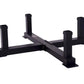 Black steel weight plate storage rack with four vertical posts and cross-beam design on white background