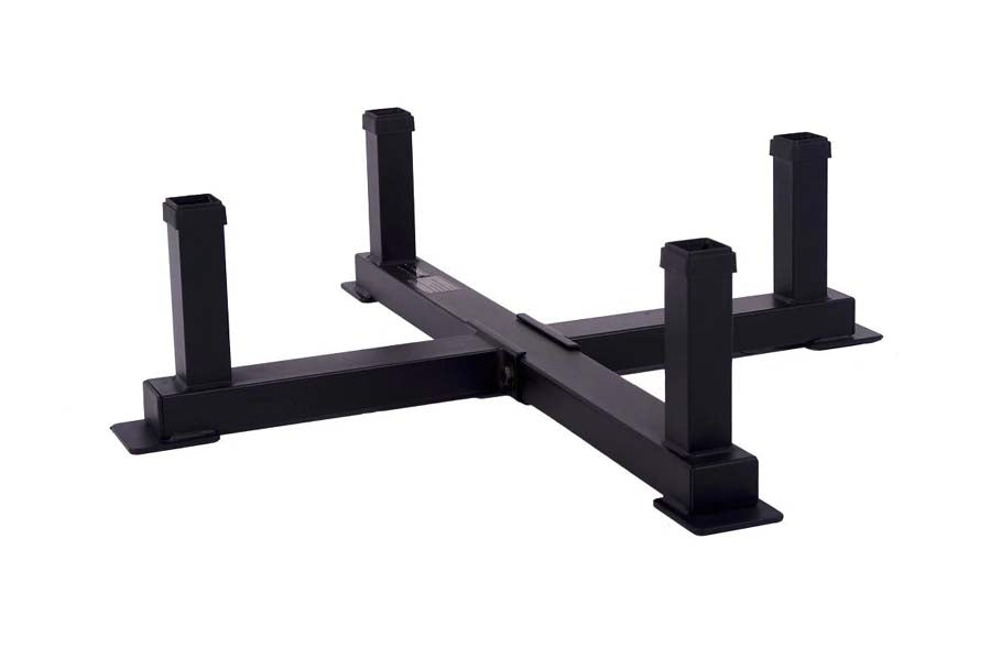 Black steel weight plate storage rack with four vertical posts and cross-beam design on white background