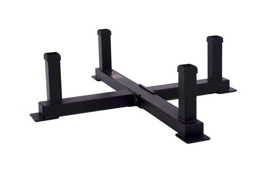 Black steel weight plate storage rack with four vertical posts and cross-beam design on white background