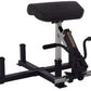 Black and gray leg extension attachment with padded seat, adjustable footrest, and metal frame on white background
