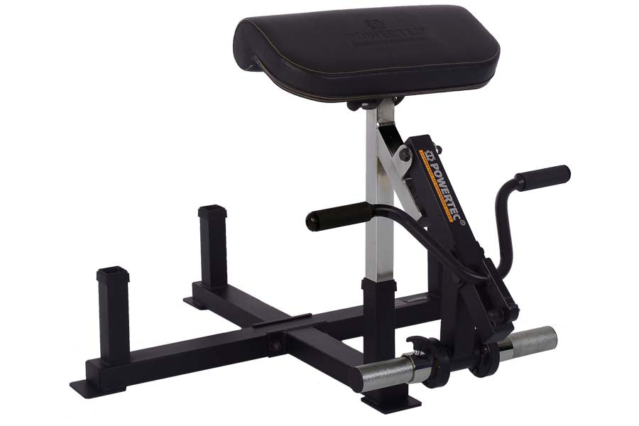 Black and gray leg extension attachment with padded seat, adjustable footrest, and metal frame on white background