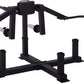 Black metal multi-exercise attachment system with adjustable arms, leg press platform, and mobile phone holder on white backg