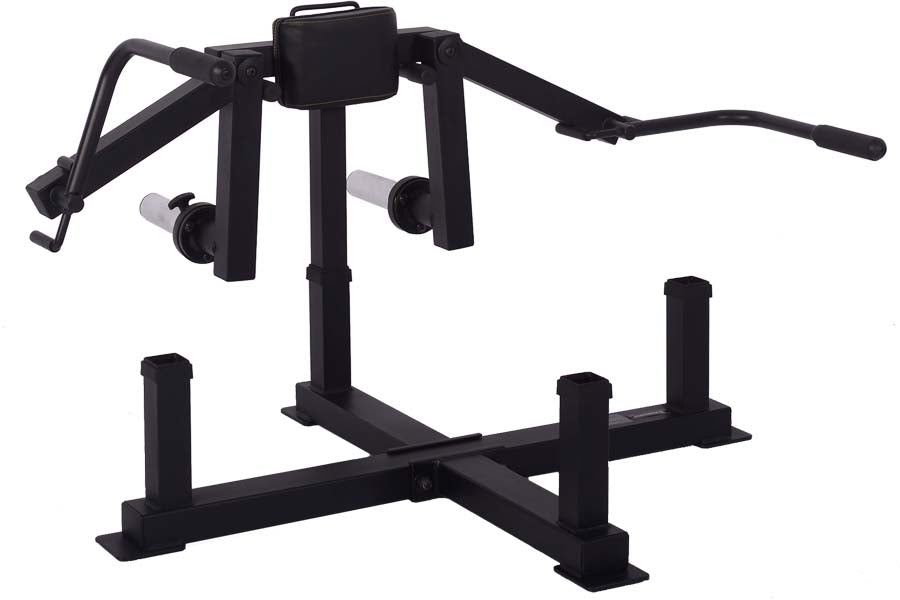 Black metal multi-exercise attachment system with adjustable arms, leg press platform, and mobile phone holder on white backg