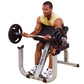 Man performing bicep curl on gray and black preacher curl bench with barbell weights, wearing yellow tank top and black short