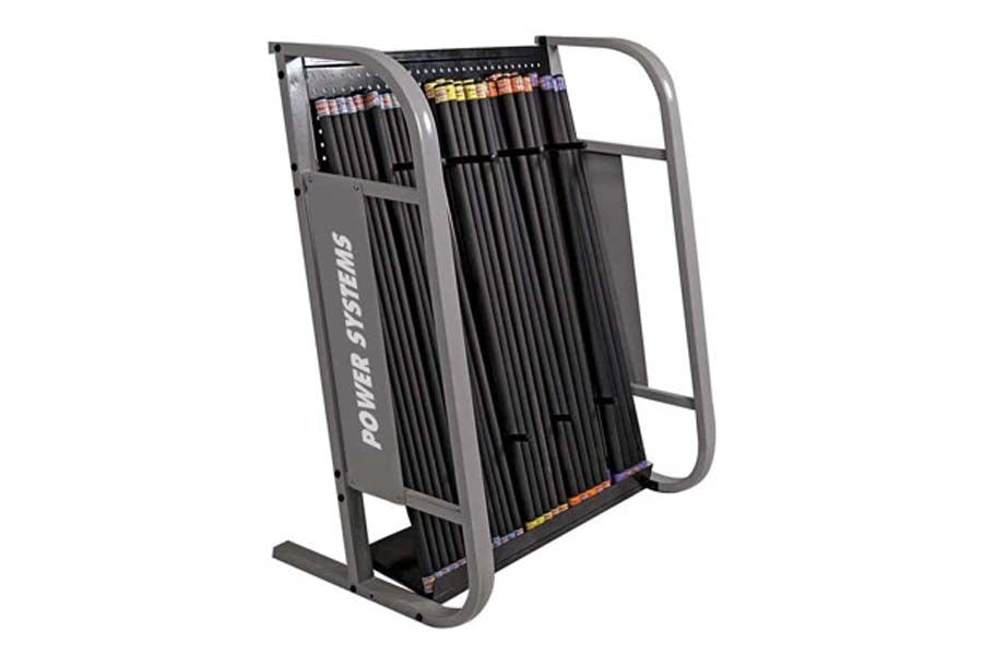 Warrior Premium Aerobic VersaBar Storage Rack with gray metal frame and black vertical bars holding multiple colored resistan