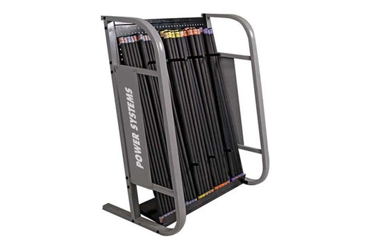 Warrior Premium Aerobic VersaBar Storage Rack with gray metal frame and black vertical bars holding multiple colored resistan