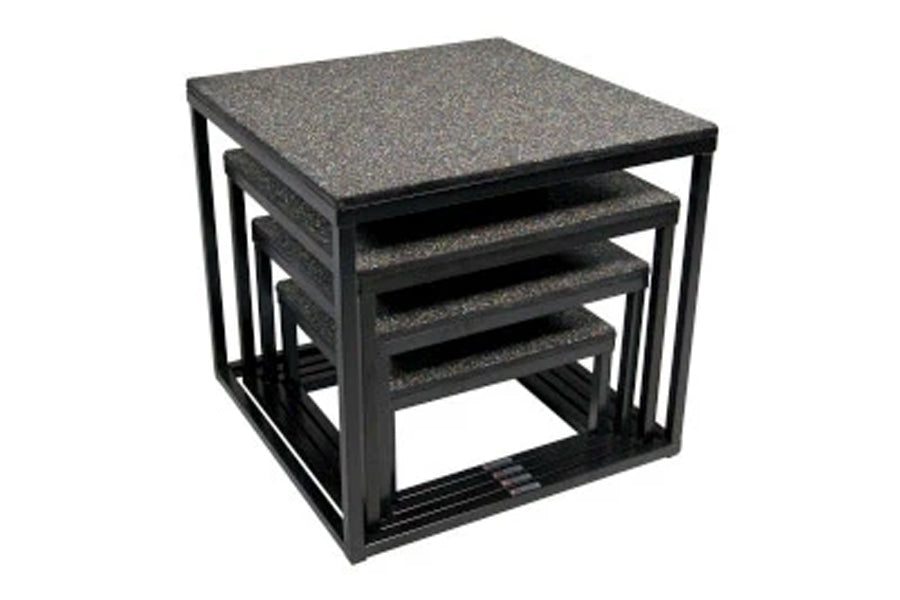 Set of four nesting plyo boxes with charcoal textured tops and black metal frames, stacked together