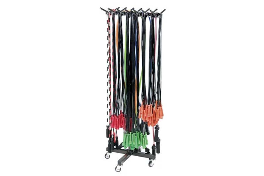 Warrior Premium Standing Rack for Tubing or Jump Ropes with multiple colored resistance tubes and jump ropes in red, pink, bl