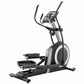 ProForm Carbon E10 elliptical trainer with black pedals, silver frame, digital console, and curved handlebar grips on white b