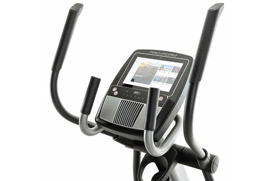 ProForm Carbon E10 elliptical machine with black and silver frame, dual curved handles, and digital touchscreen display on wh