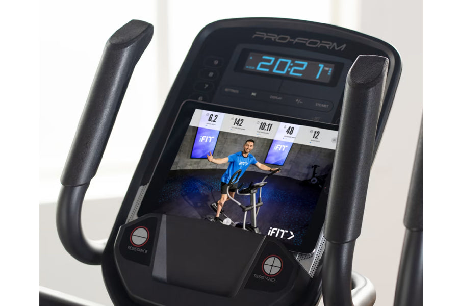 ProForm Carbon EL elliptical machine with digital display showing time, black frame, curved handlebars, and built-in screen d