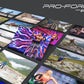 ProForm PRO-FORM fitness equipment display showing multiple colorful workout and lifestyle photos on screens against dark bac