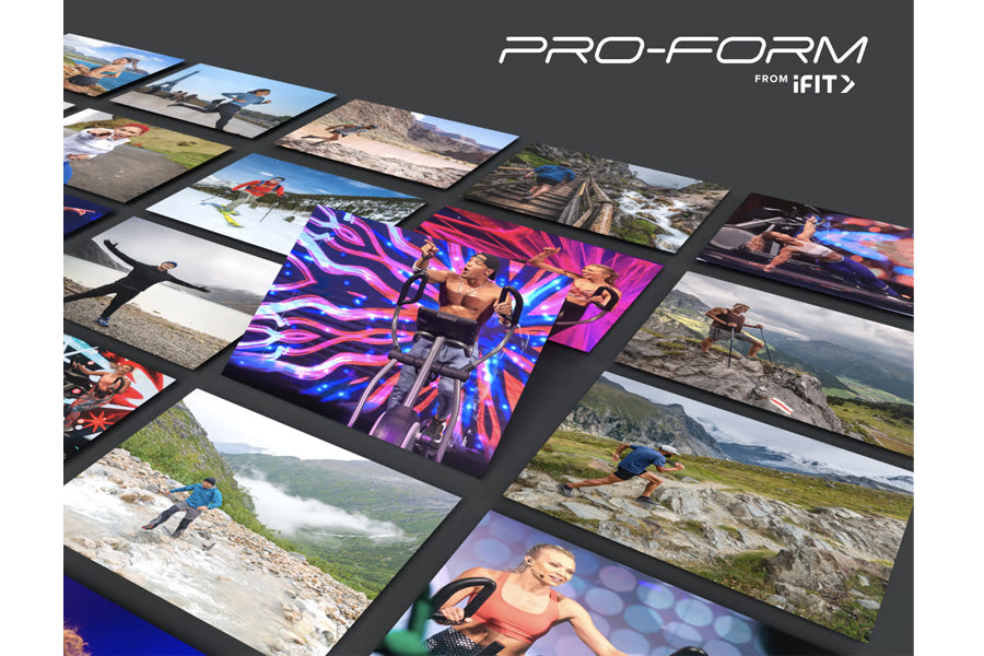 ProForm PRO-FORM fitness equipment display showing multiple colorful workout and lifestyle photos on screens against dark bac