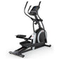 Black and white ProForm Carbon EL elliptical machine with digital display console, dual handles, and foot pedals on white bac