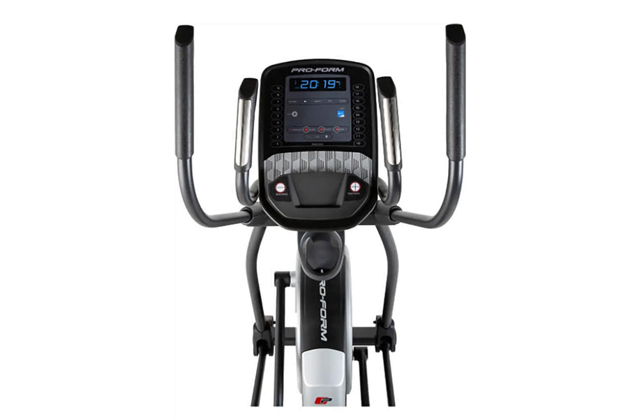 ProForm Carbon EL elliptical machine with dual handles, digital display screen, and pedals on white background