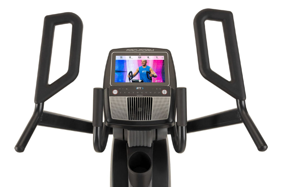 ProForm Carbon HIIT H10 elliptical with black frame, dual handles, and touchscreen display showing fitness content, front vie