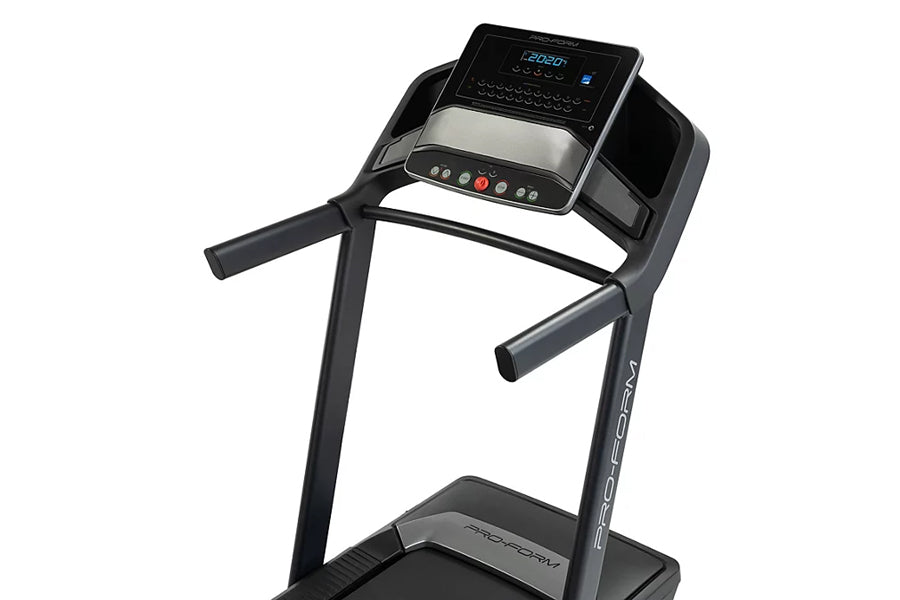 Black ProForm Carbon TL treadmill with digital display console, black frame, and cushioned running deck, front view on white 
