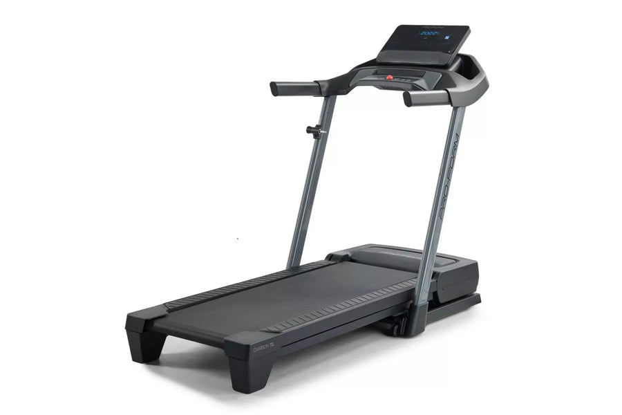Black and gray motorized treadmill with digital display console, handrails, and cushioned running deck on white background