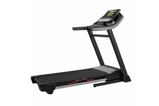 Black folding treadmill with digital display console, gray accents, and red foot pedals on white background