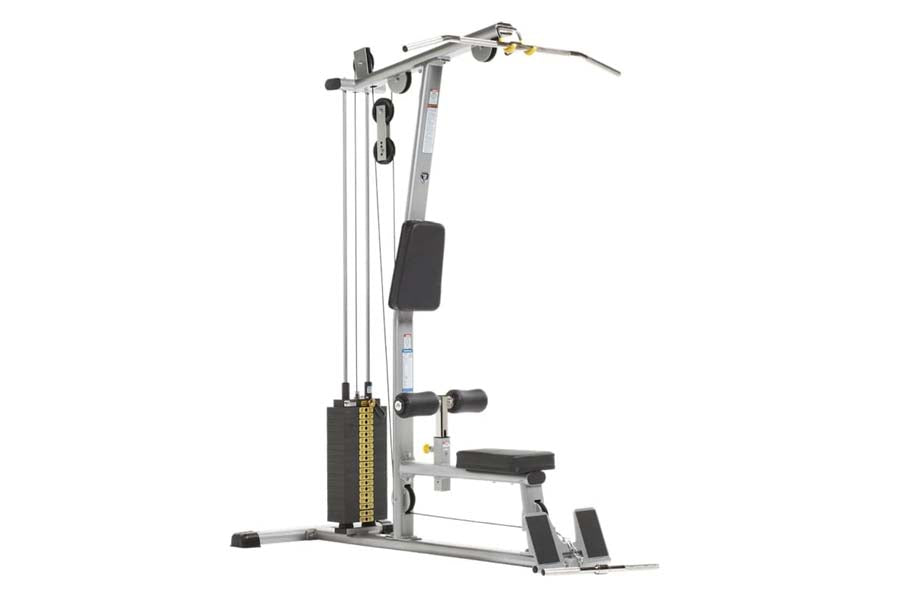 Body-Solid Pro Lat Machine with silver steel frame, black padding, and weight stack on white background