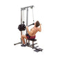 Body-Solid Pro Lat Machine with gray frame and black weight stack, shown with male model demonstrating lat pulldown exercise