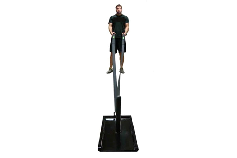 Man in black shirt and shorts standing on Warrior Resistance Pull Sled with black platform base and vertical rope handle