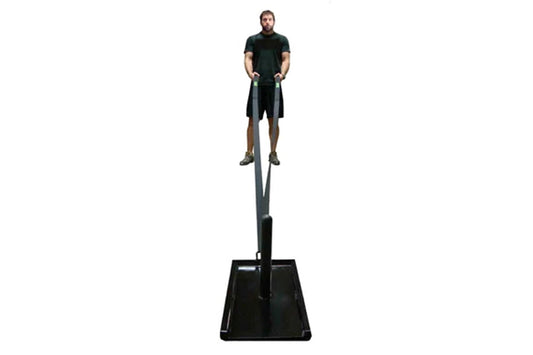Man in black shirt and shorts standing on Warrior Resistance Pull Sled with black platform base and vertical rope handle