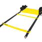 Yellow and black agility ladder with 4 rungs, black carrying handles at top corners, flat lay on white background