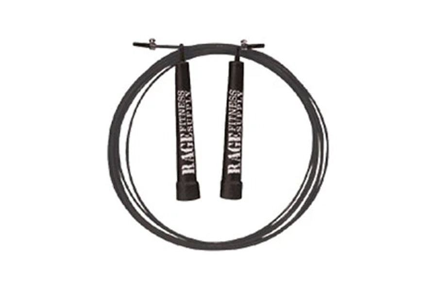 Black speed jump rope with dual cable design and black textured handles labeled Warrior, shown coiled on white background