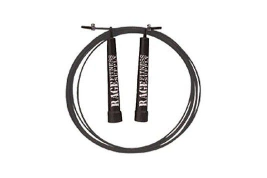 Black speed jump rope with dual cable design and black textured handles labeled Warrior, shown coiled on white background