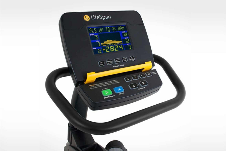 LifeSpan R5i recumbent exercise bike with black frame, black handlebar, and digital display console showing speed and workout