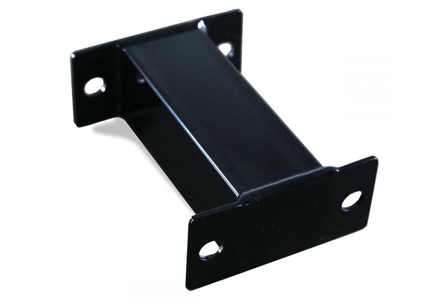 Black metal connector bracket with angled sides and mounting holes, shown on white background