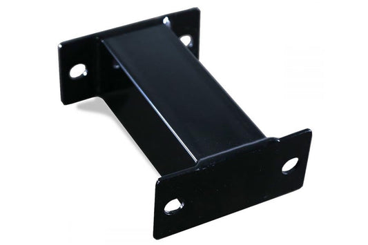 Black metal connector bracket with angled sides and mounting holes, shown on white background