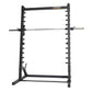 Black steel Powertec Smith machine with barbell bar and multiple weight plate pegs on uprights, shown on white background