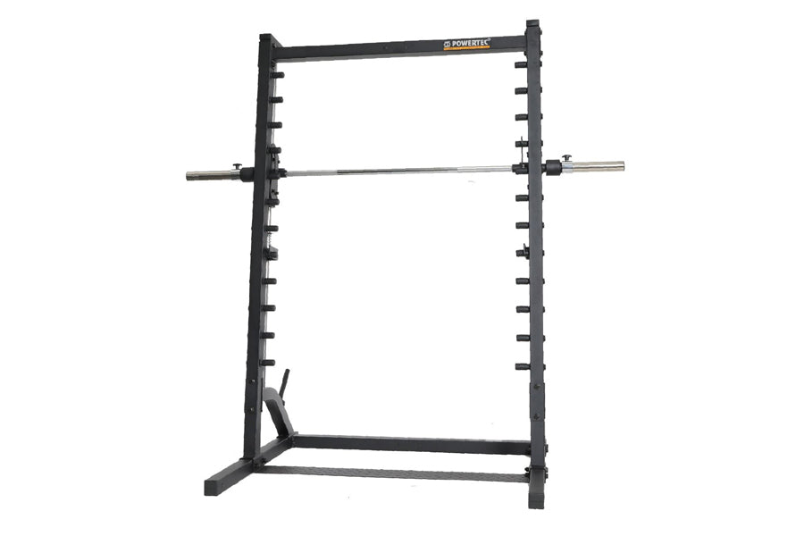 Black steel Powertec Smith machine with barbell bar and multiple weight plate pegs on uprights, shown on white background