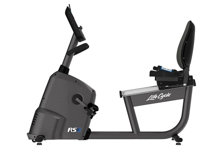 Life Fitness RS3 recumbent exercise bike with gray frame, black seat, and pedals on white background