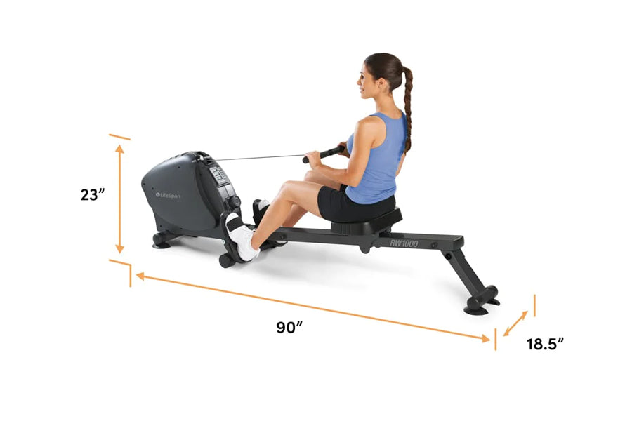 Woman using black LifeSpan RW1000 rowing machine with blue tank top, demonstrating proper form on equipment with dimension me