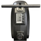 Black indoor rowing machine with digital display showing stroke counter, distance, speed, timer and calories, featuring horiz