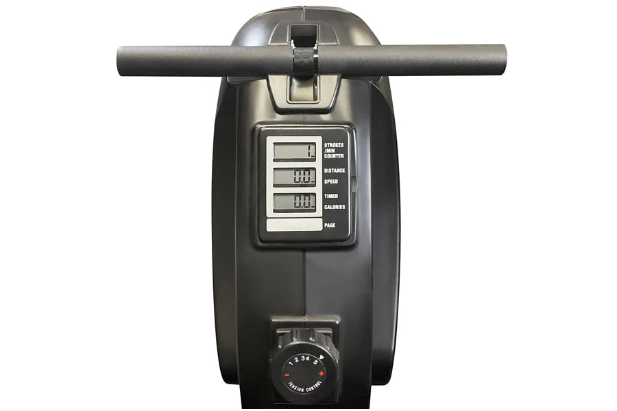 Black indoor rowing machine with digital display showing stroke counter, distance, speed, timer and calories, featuring horiz