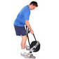 Man wearing blue t-shirt and navy shorts using Ropeflex RX2000 rope trainer with black wheel on white background