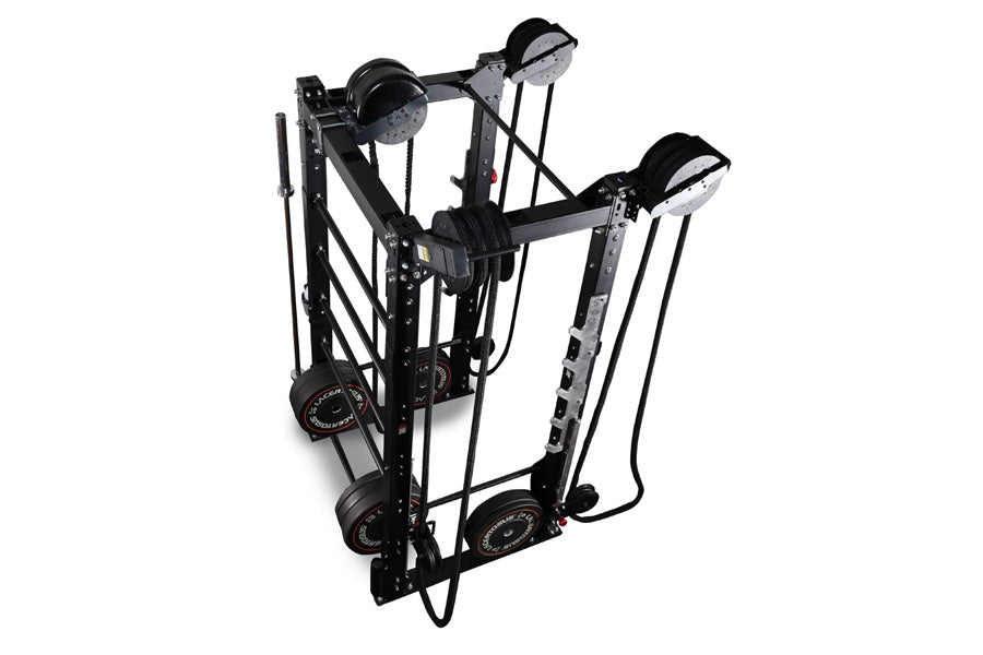 Black and gray Ropeflex RX2100 rope trainer with dual weighted pulleys and adjustable arms on white background