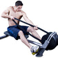 Man using black Ropeflex RX2200 horizontal rope trainer with dual handles, wearing navy shorts and sneakers on white backgrou