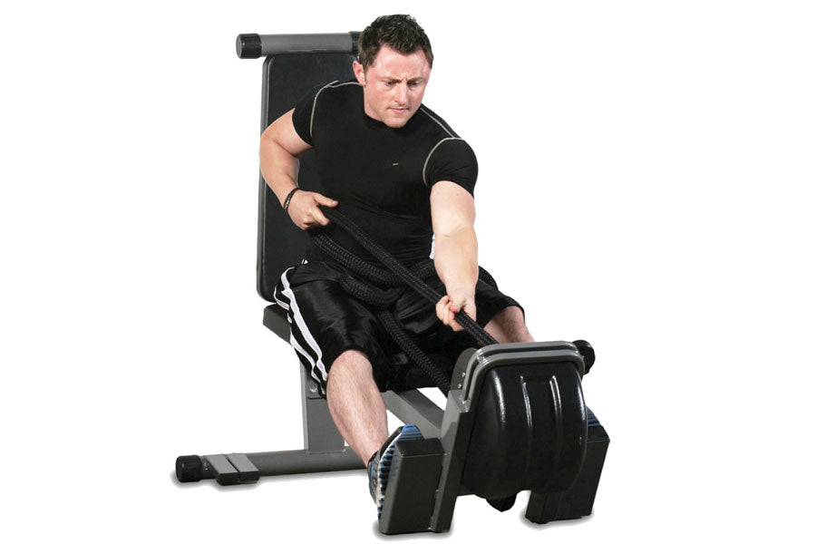 Man using black and gray Ropeflex RX2300 dual position rope trainer with adjustable seat and footrest
