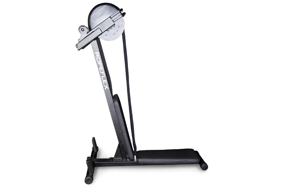 Ropeflex RX2300 black and gray dual position rope trainer with adjustable arm and rope, flat lay on white background