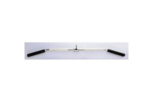 Warrior Revolving 60-inch Super Solid Lat Bar with black grip handles and chrome center attachment on white background