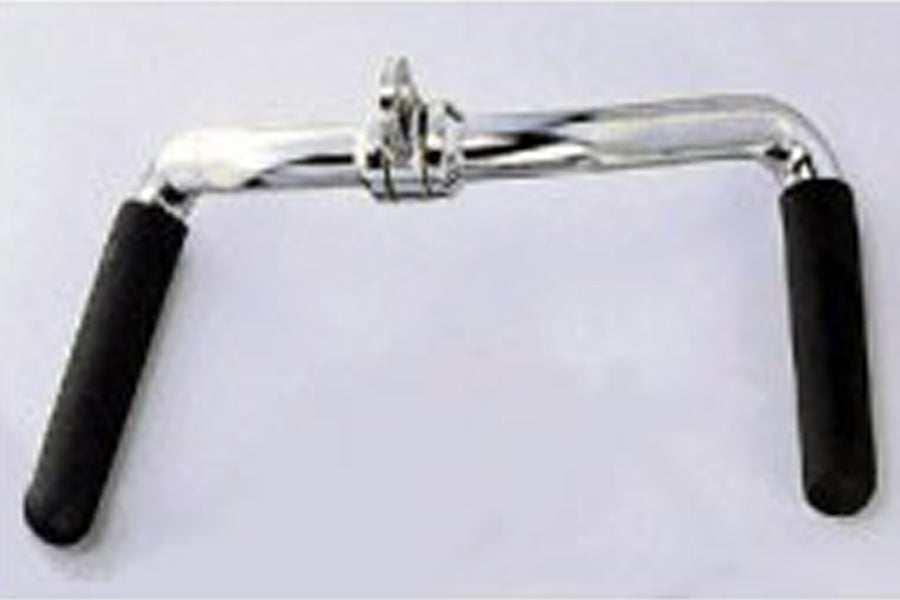 Revolving solid multi-purpose bar with chrome metal frame and black foam grip handles on white background
