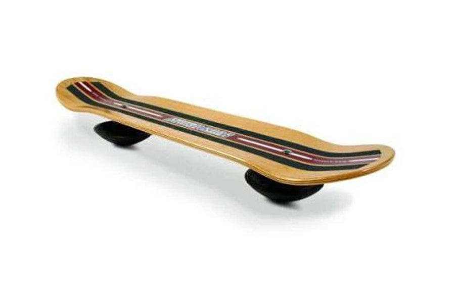 Warrior Rock 360 Multi-Directional Ab Roller with wooden base and black curved supports on white background