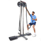 Man in blue shirt using tall gray and black rope trainer with dual pulleys on white background